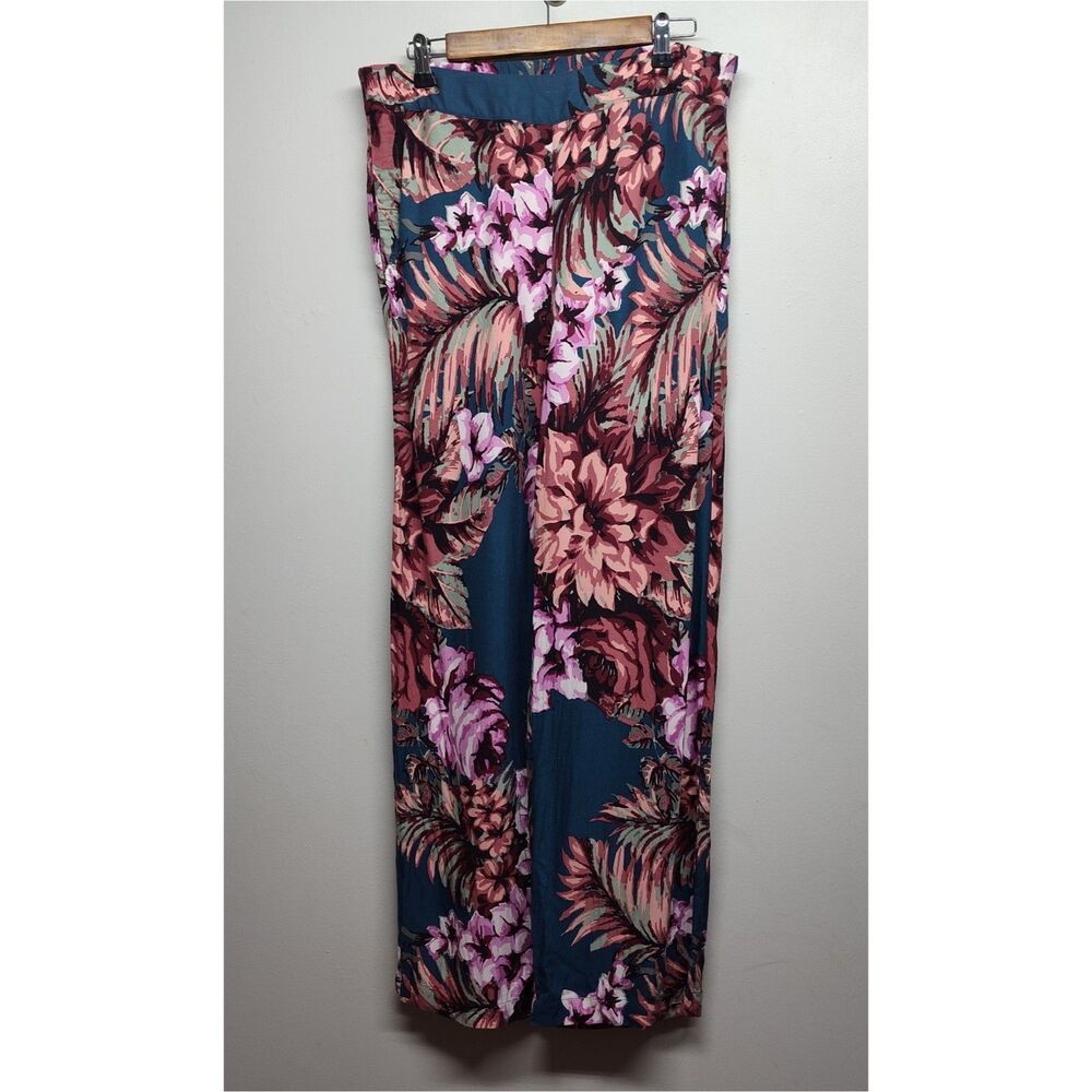 Soft Surroundings Yesenia Wide Leg Pants Women M Teal Blue Floral Boho Resort